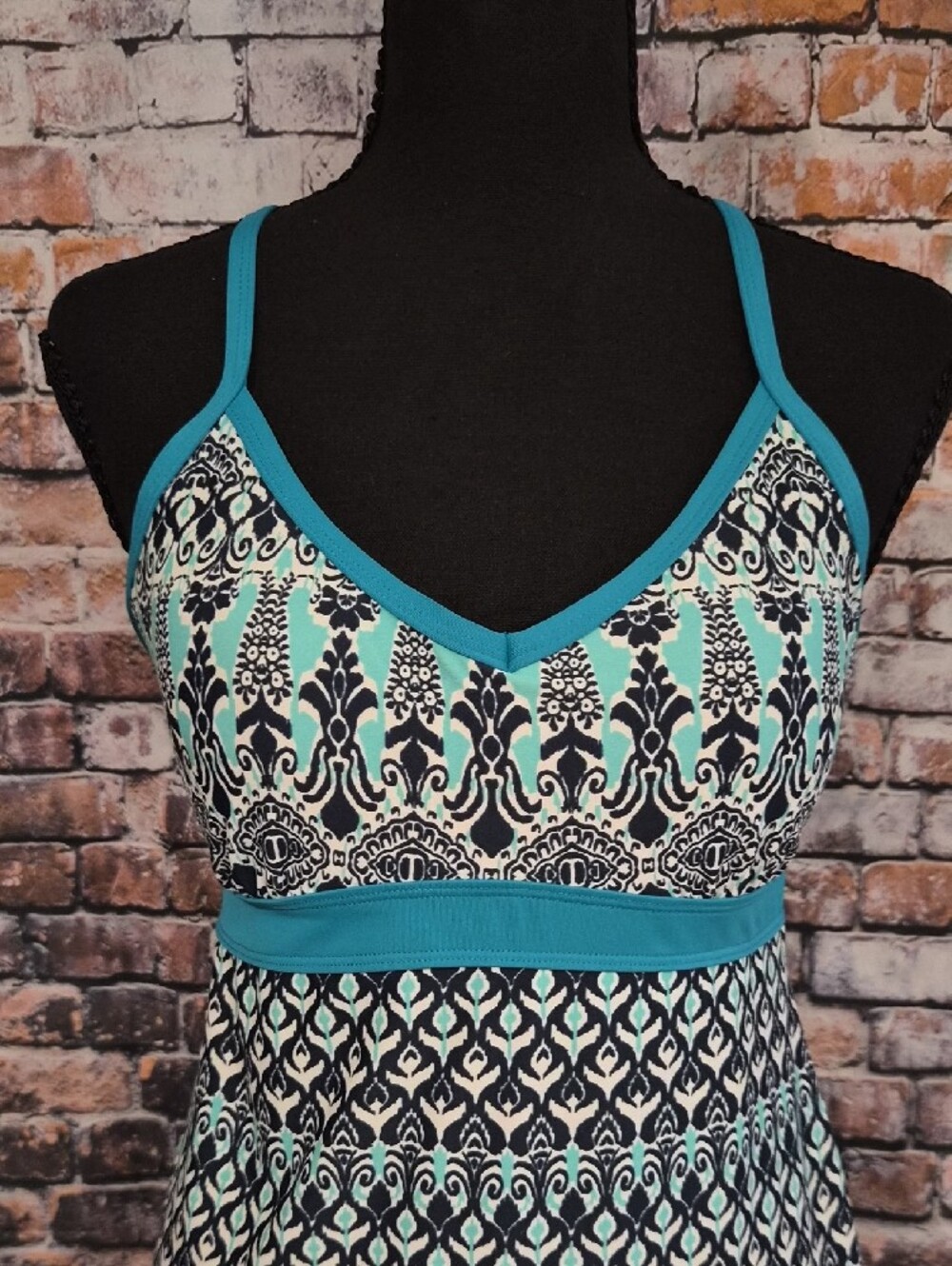 Athleta Teal Patterned Spaghetti-Strap Mini Dress - Picture 3 of 8